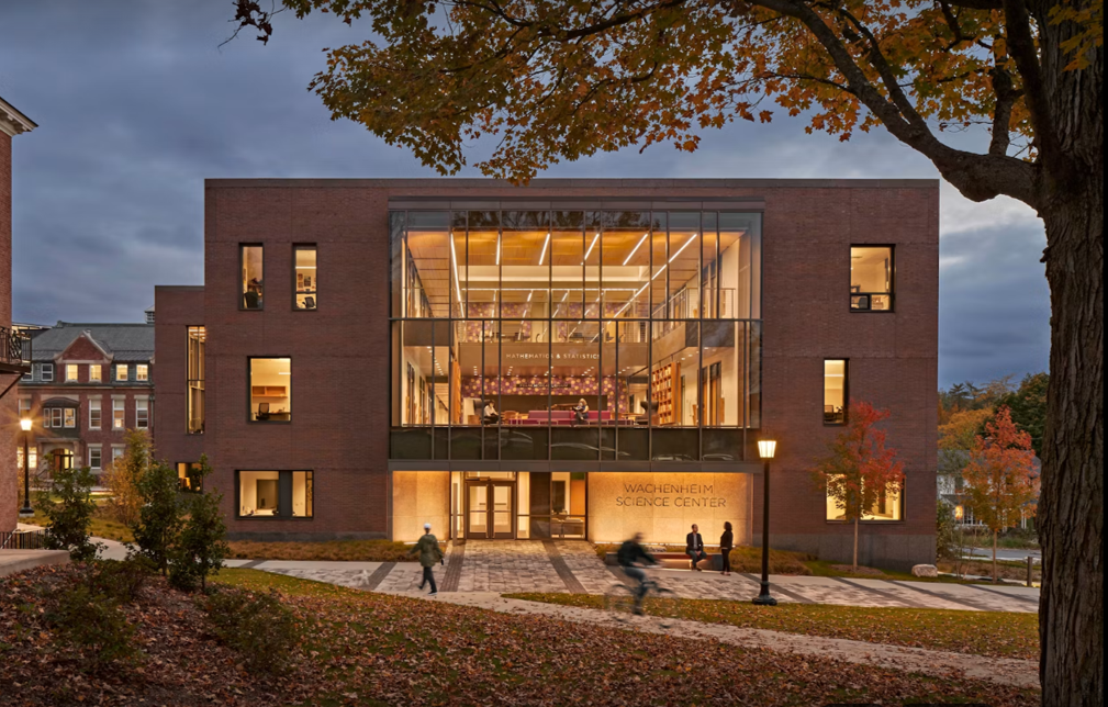 Wachenheim building at Williams College at dusk, home to Bronfman Auditorium